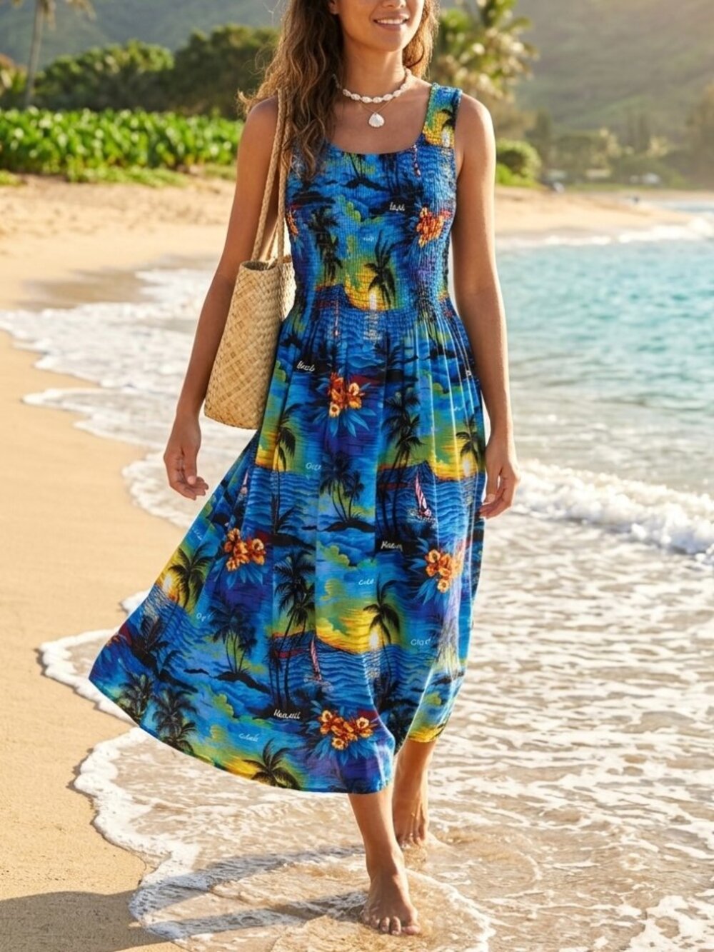 Aloha Hut Hawaii Smocked Maxi Dress OS One Size Tropical Summer Beach Resort